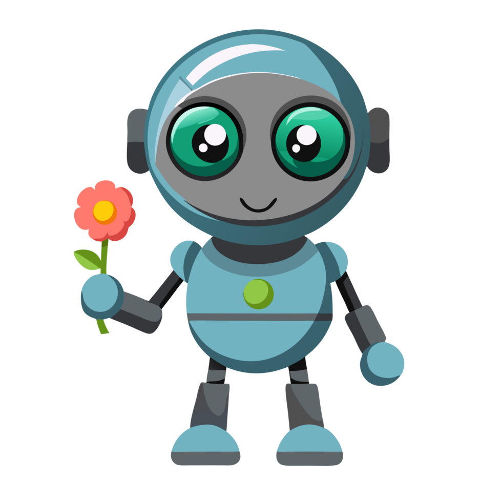 Whimsical robot offering a flower in a playful garden setting digital illustration cheerful concept png