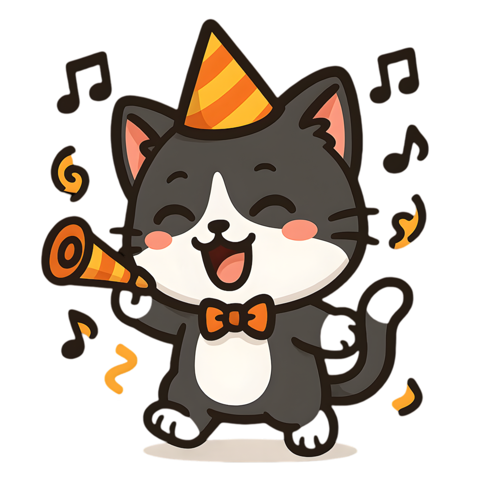 Mischievous chibi cat celebrating at a party cartoon style joyful atmosphere playful perspective fun concept png