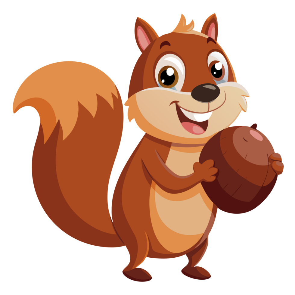 Surprised squirrel holding oversized acorn in a forest cartoon style illustration nature playful whimsical png