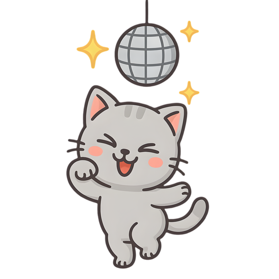 Cheeky chibi cat dancing under disco ball in a vibrant party atmosphere fun animated art whimsical scene png