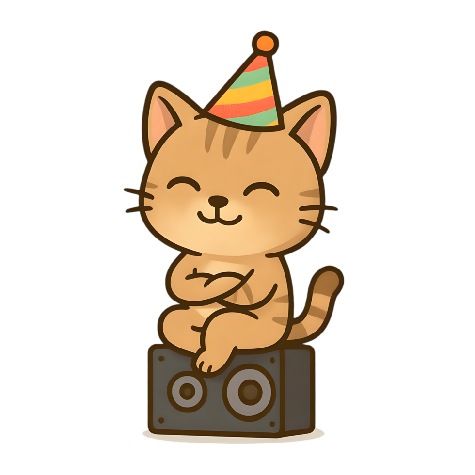 Charming chibi party cat relaxing on speaker festive atmosphere cute illustration playful vibe whimsical perspective png