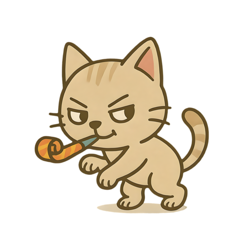 Charming chibi cat sneaking with party blower vibrant celebration setting animated style playful mood png