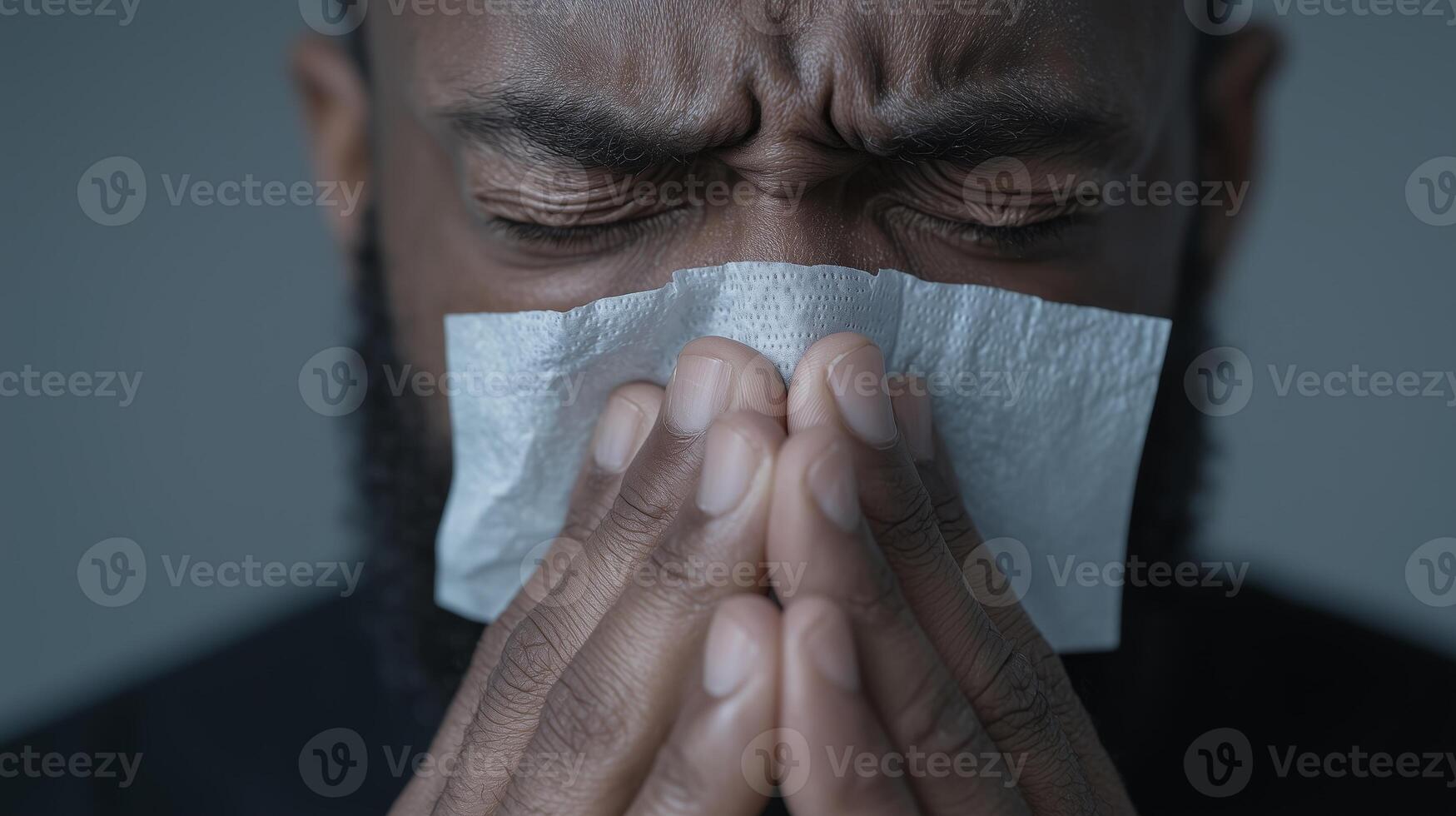 African man sneezing with tissue in stressful expression photo