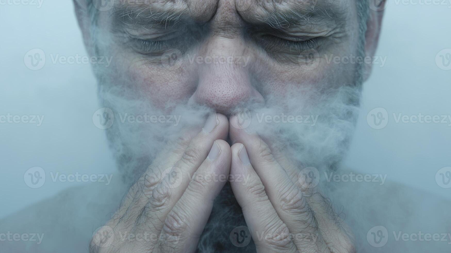 Caucasian mature man inhaling smoke with eyes closed and hands on face photo