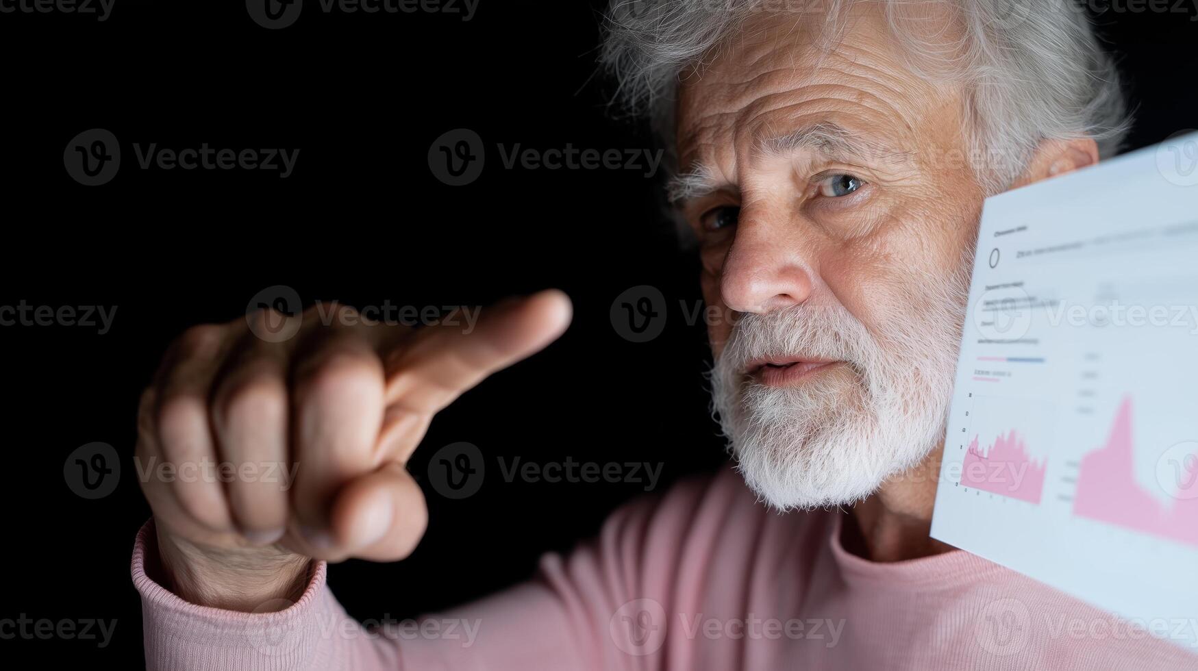 Elderly caucasian man analyzing data with focused expression and pointing gesture photo