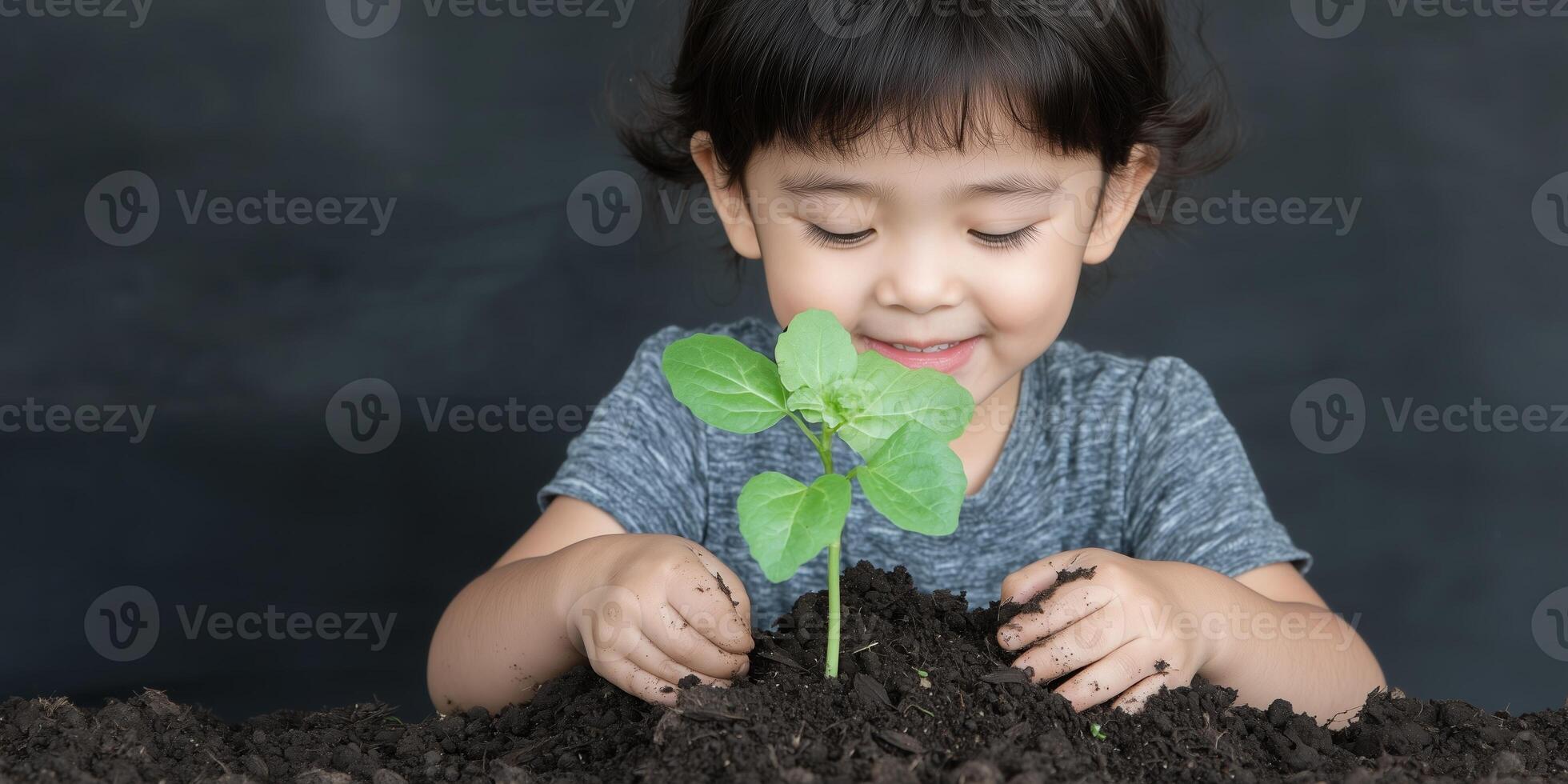 Asian child planting seedling in soil with joyful expression aga photo
