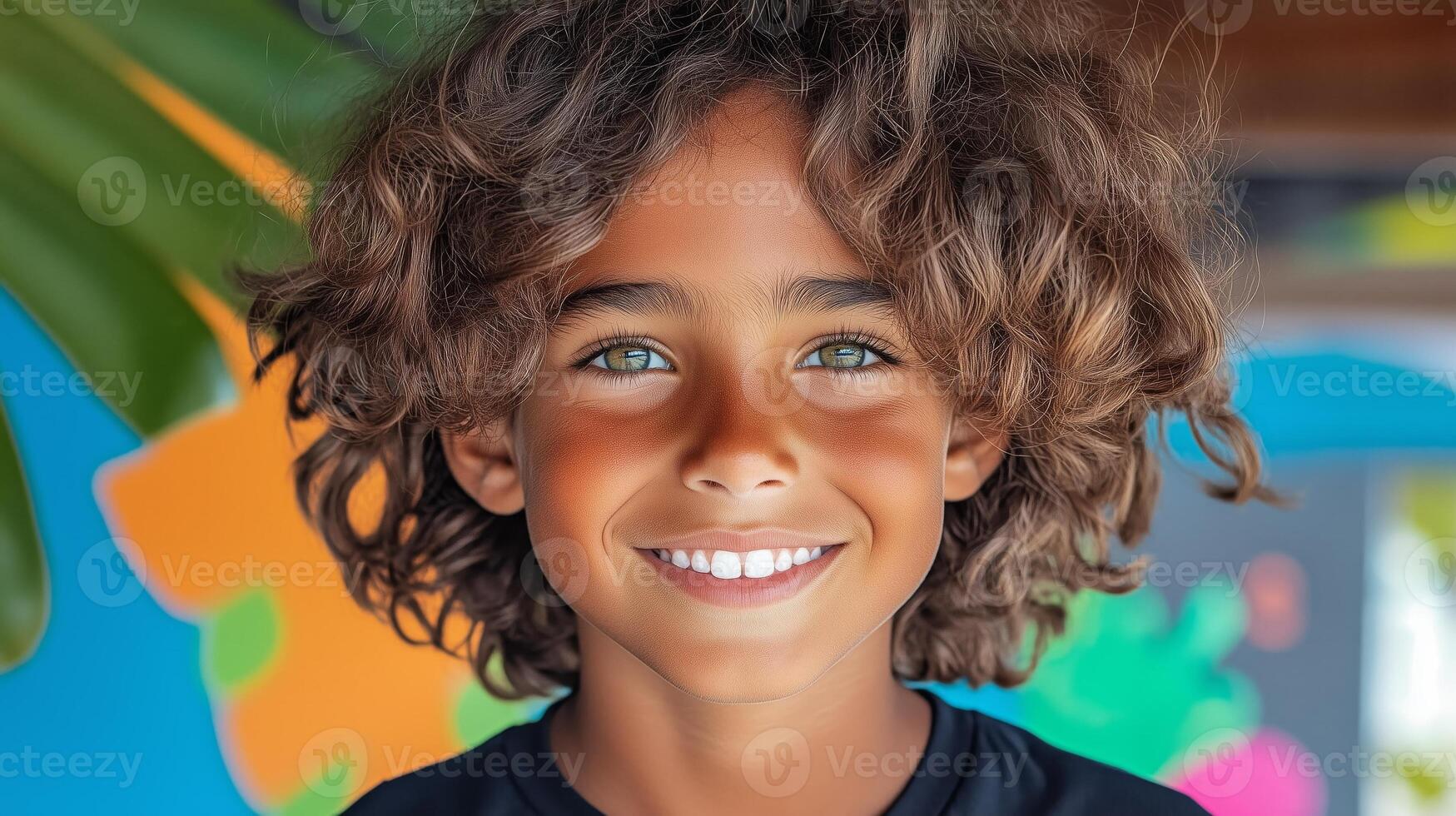 Smiling hispanic child with curly hair and bright eyes in colorful setting photo