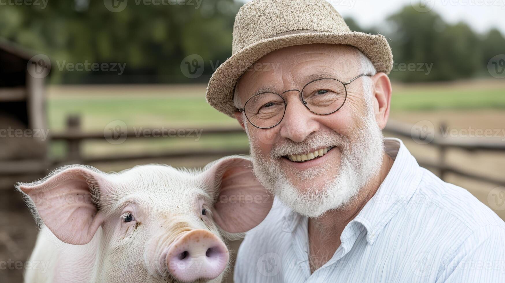 Elderly caucasian man in hat smiling with pig on farm photo