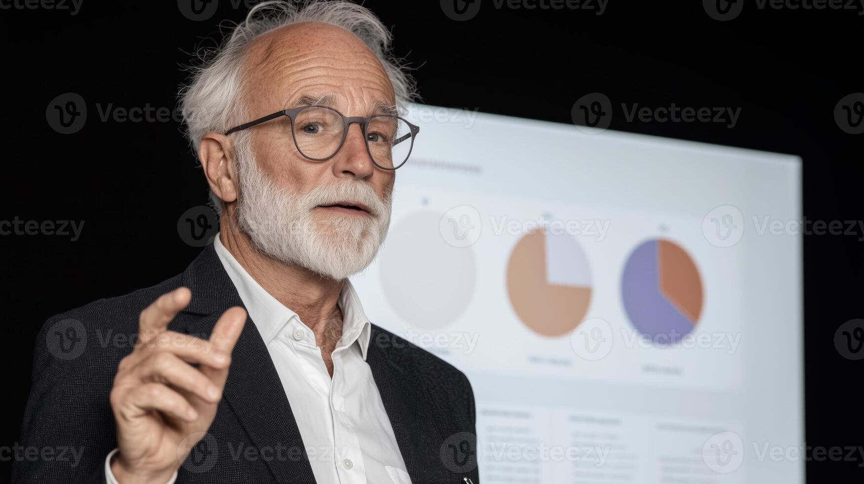 Elderly caucasian man presenting data with graphs in business setting photo