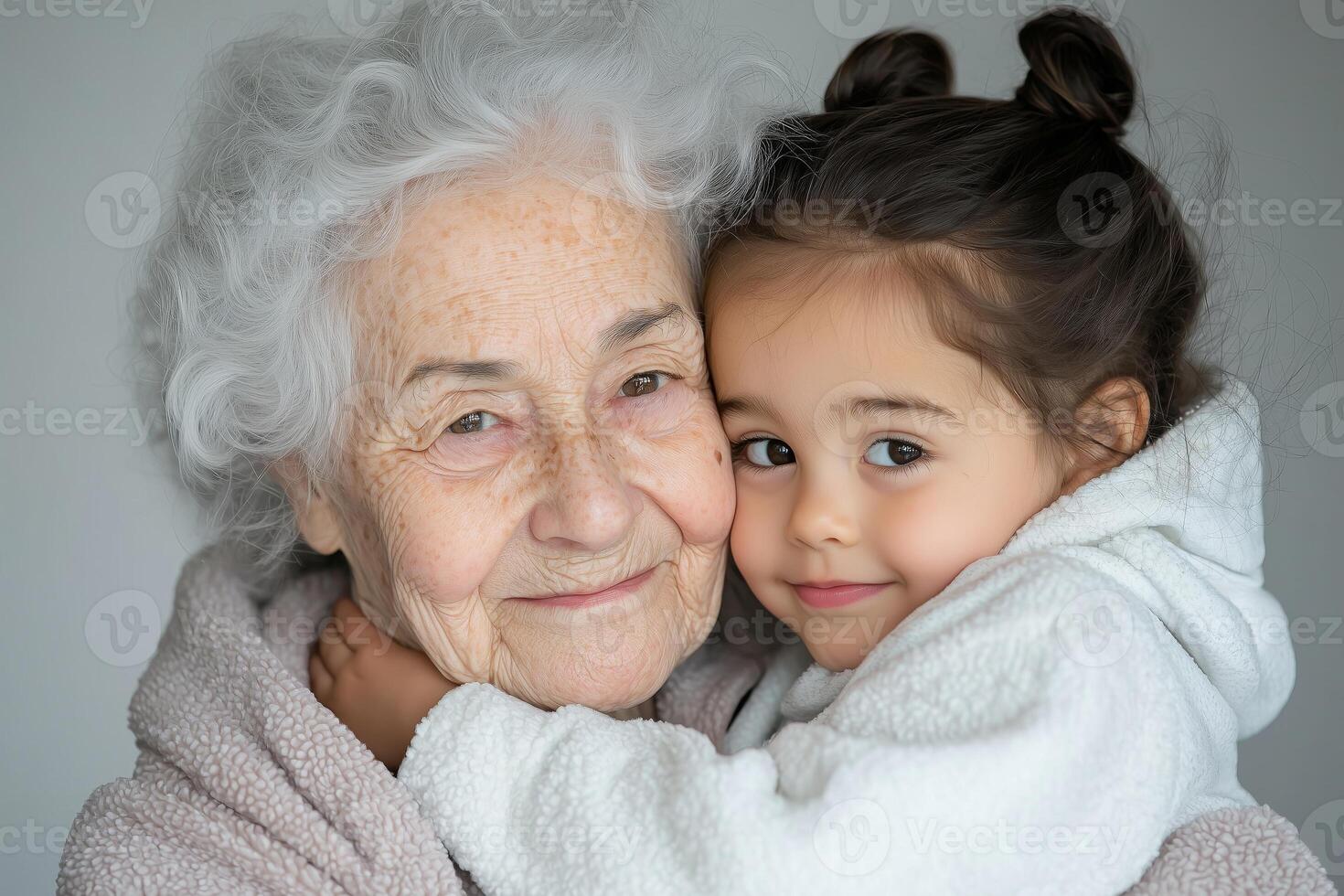 Elderly caucasian woman embracing young hispanic girl with love and affection photo