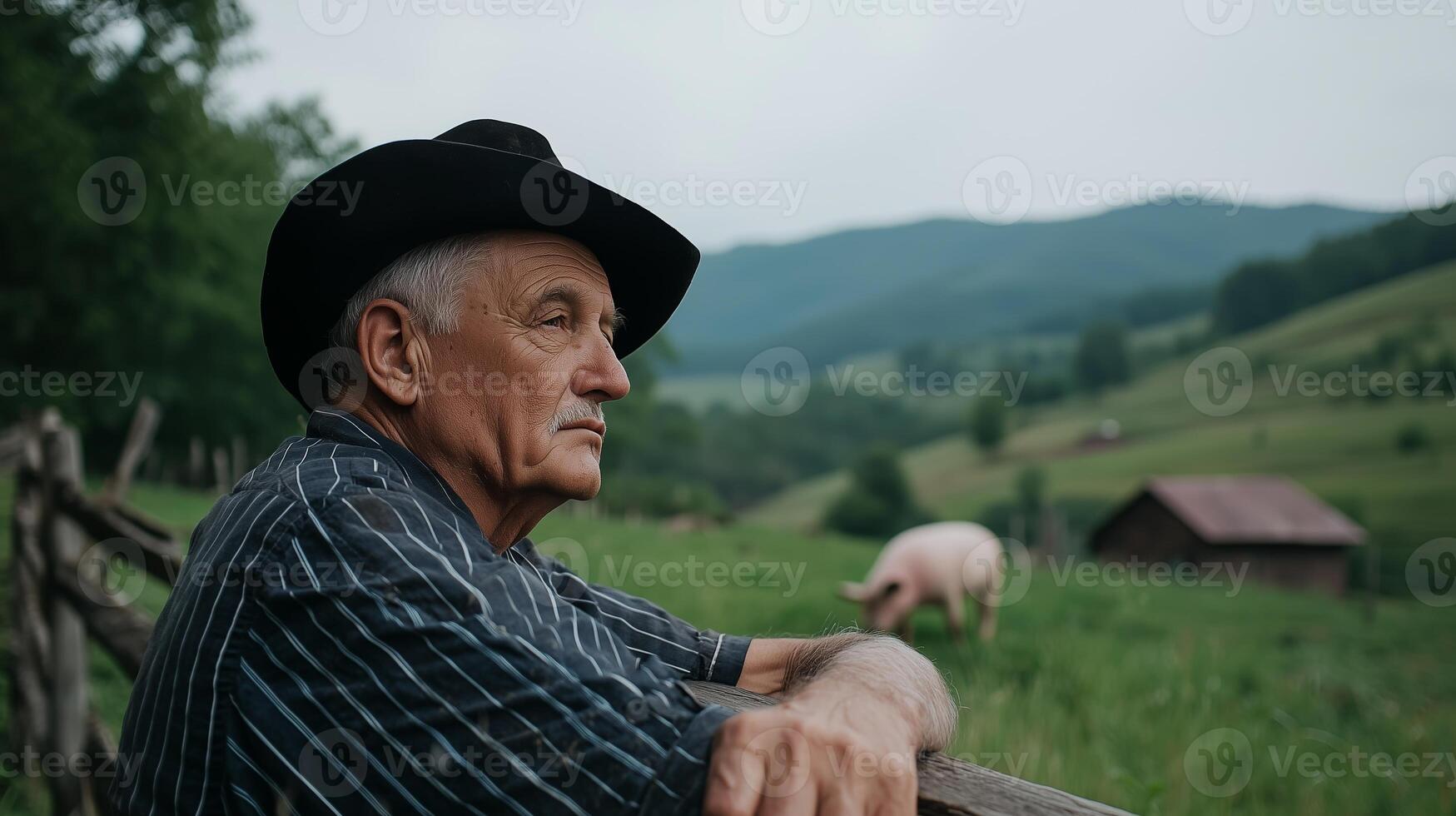 Elderly caucasian man in hat observing countryside landscape photo