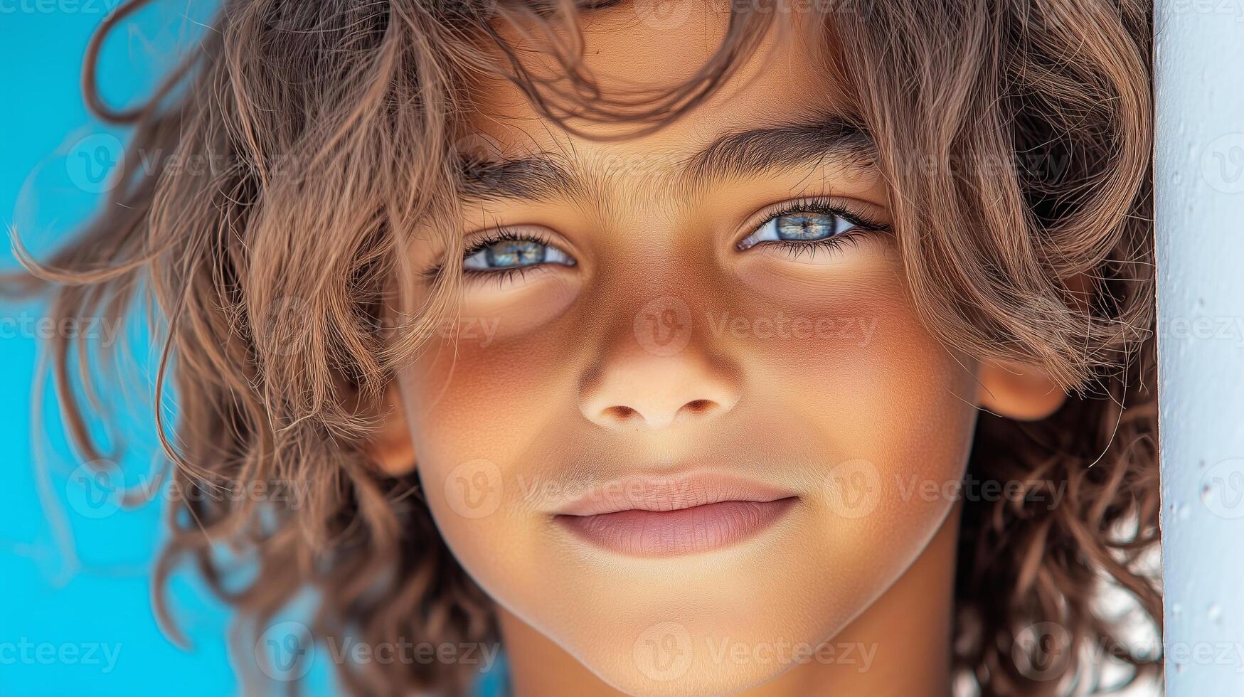 Young child with brown curly hair and blue eyes smiling beneath clear blue sky photo