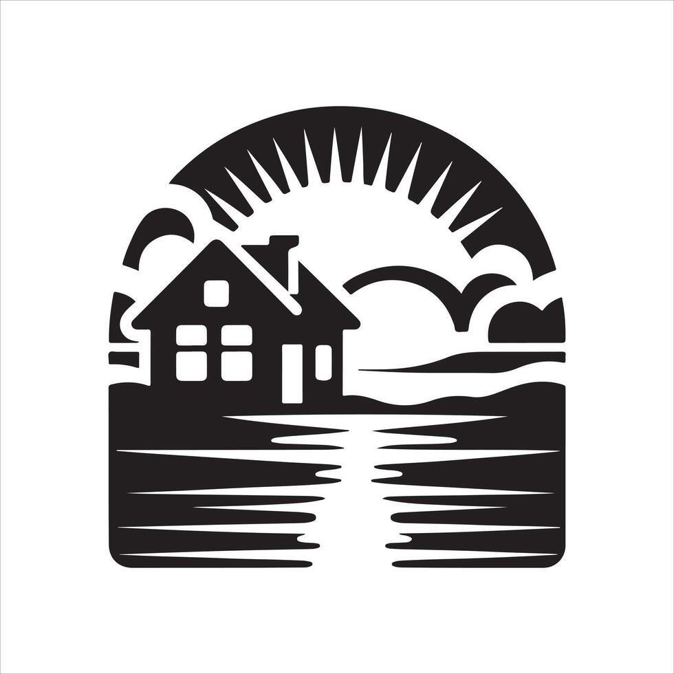 silhouette sunset house design vector