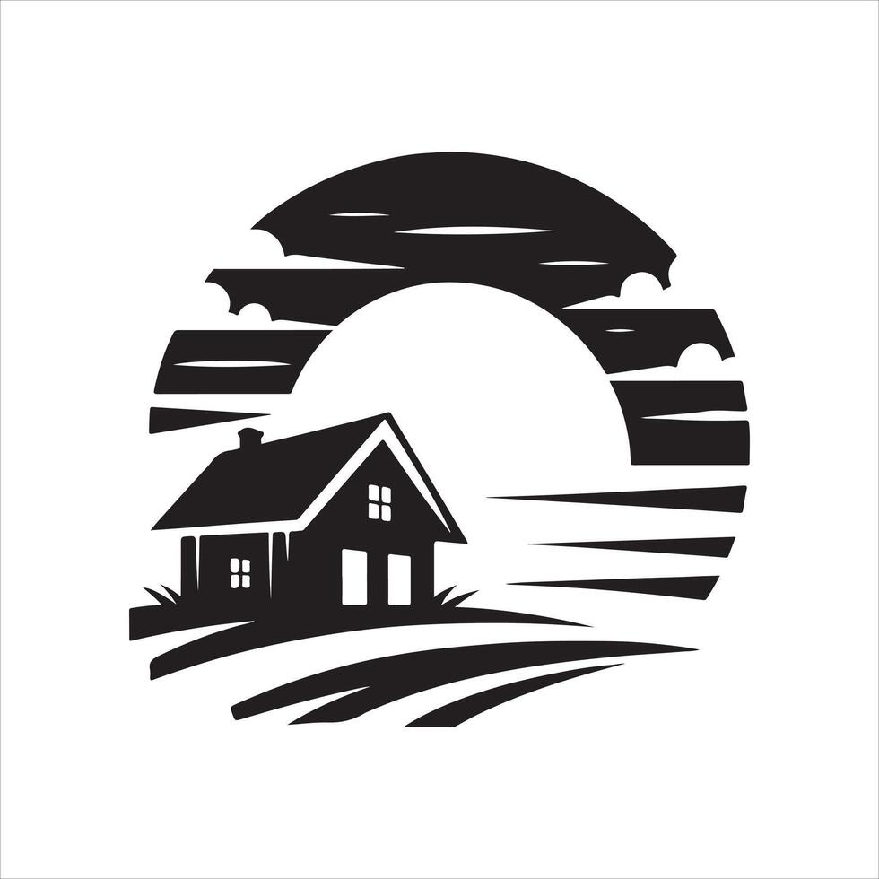 sunset house silhouette product design vector