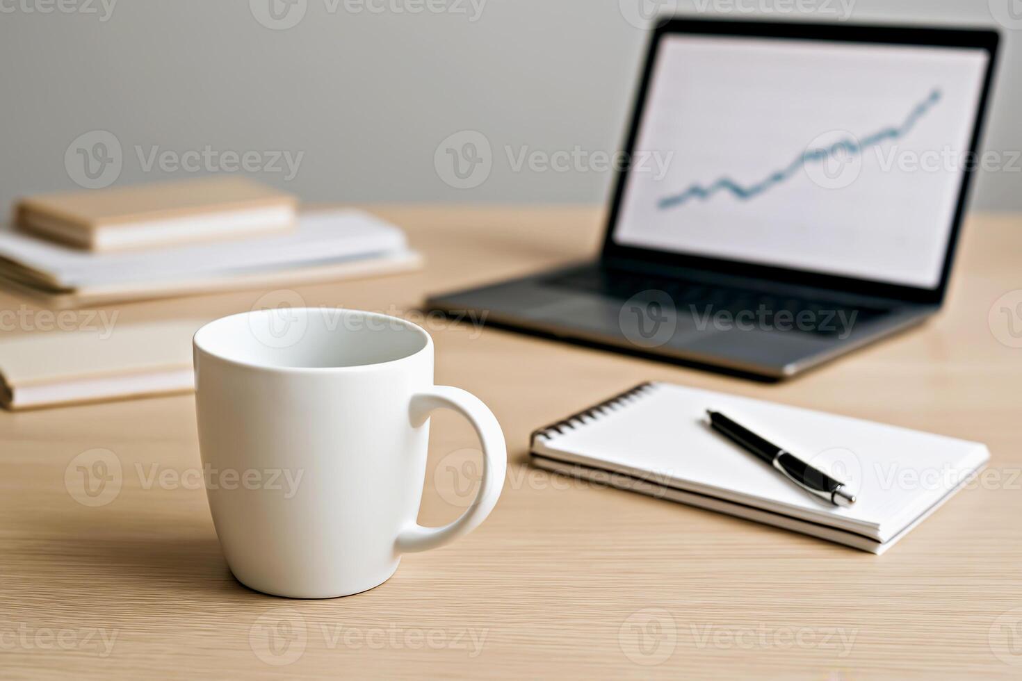 Clean office setup with an empty mug, documents and laptop, representing work fatigue and burnout photo