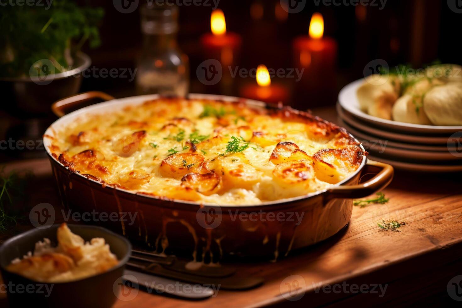 Cheesy potato gratin with golden crust garnished with fresh herbs served in rustic baking dish on wooden table photo