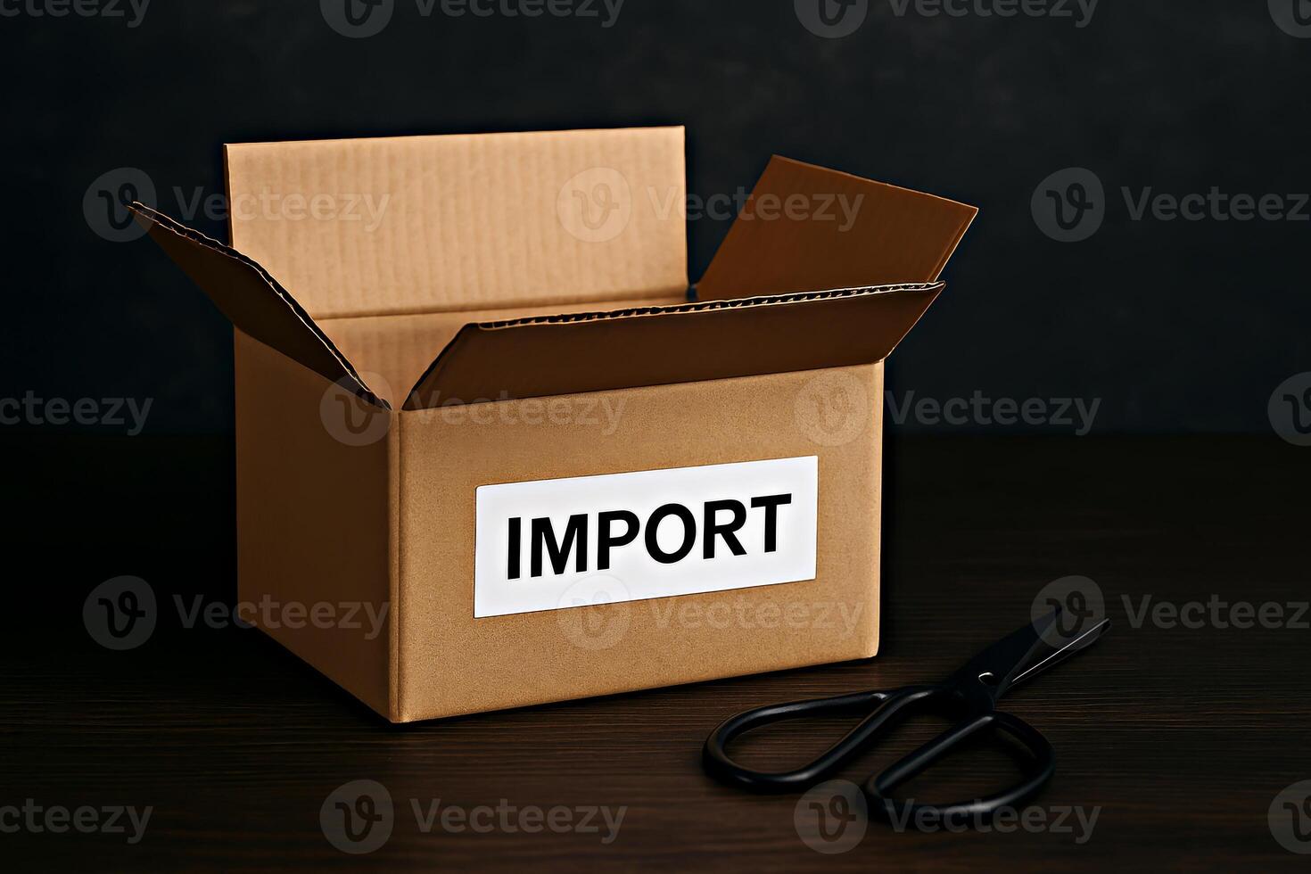 Open cardboard box with IMPORT label and scissors nearby, conveying global trade challenges and restrictions photo