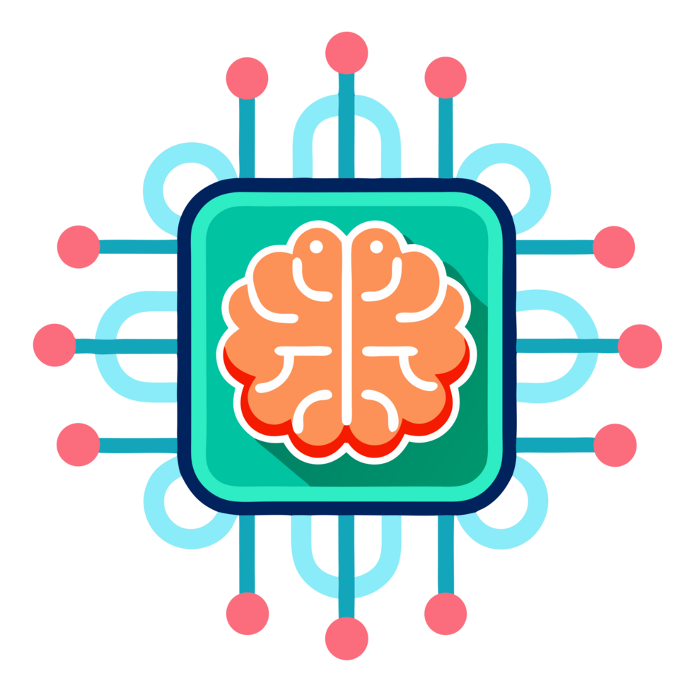 Exploring ai brain chip icon, digital realm, vibrant abstract art, futuristic environment, innovative viewpoint, technology concept png