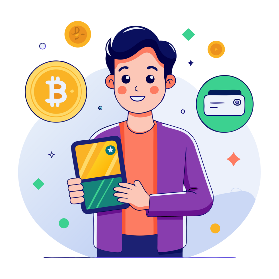 Showcasing mobile crypto wallet, modern workspace, digital art illustration, vibrant environment, tech enthusiast concept png