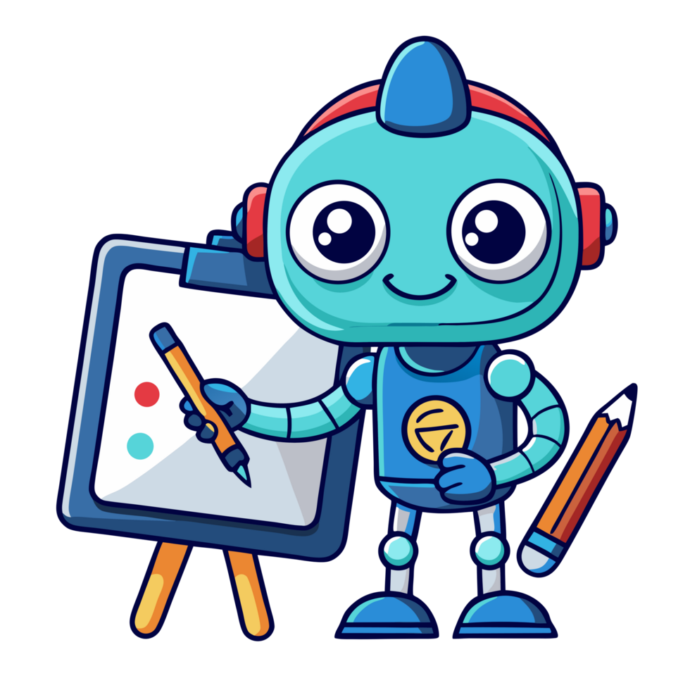 Cartoon robot drawing tutorial digital art studio educational content creative environment close-up view fun learning concept png