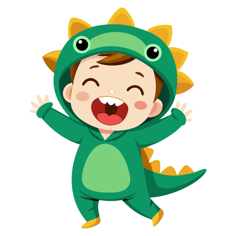 Child in dinosaur onesie roaring with joy playroom illustration cheerful environment front view imagination png