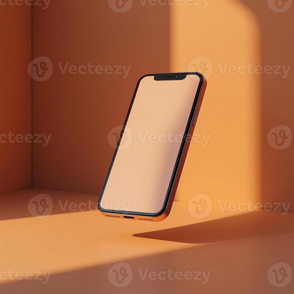 Elegant Mobile Phone Mockup Floating On An Orange Studio Background With Sunlight photo