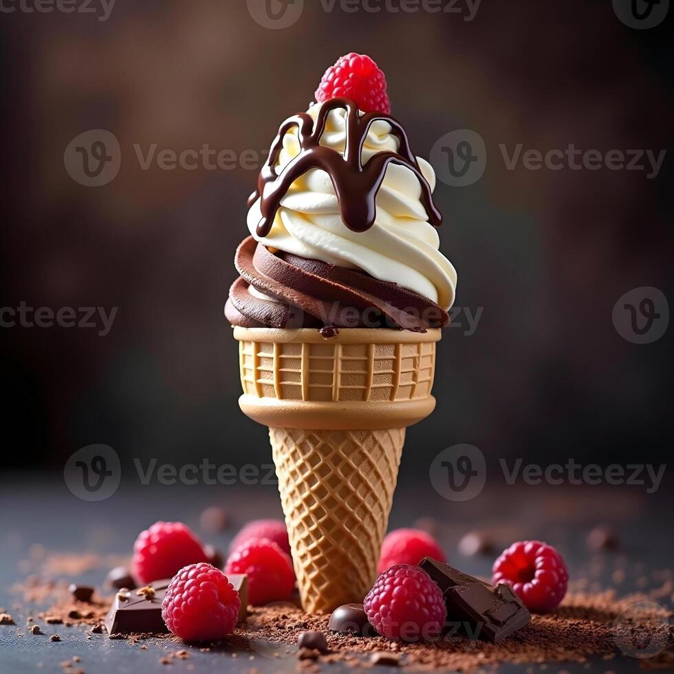 Delectable Swirl Ice Cream Cone With Raspberry Topping And Chocolate Drizzle Indulgent Dessert Delight photo