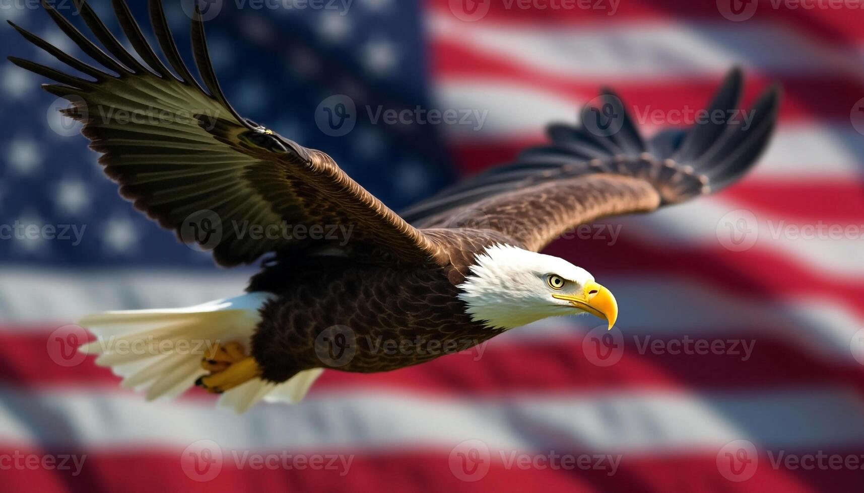 American Bald Eagle In Flight Against Blurred United States Flag Backdrop photo