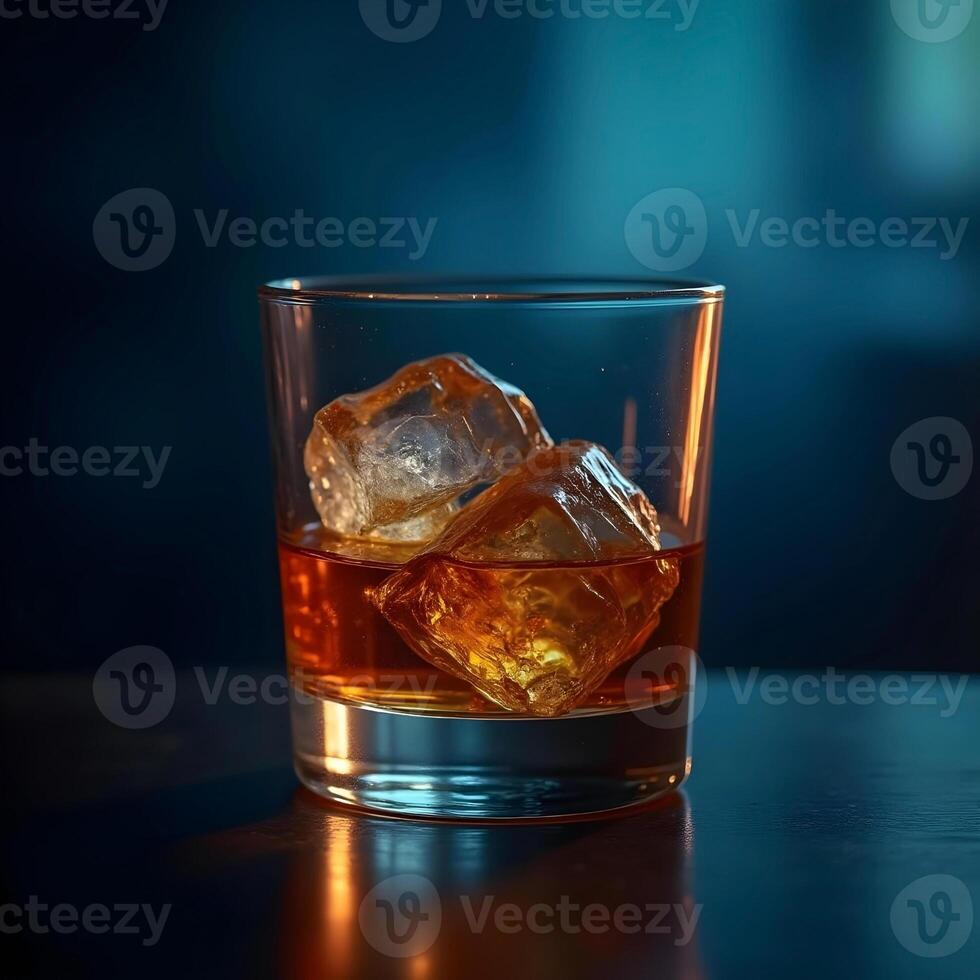 Whiskey In Glass With Ice Cubes Amber Liquor Cold Drink Alcohol Relax Refreshment photo