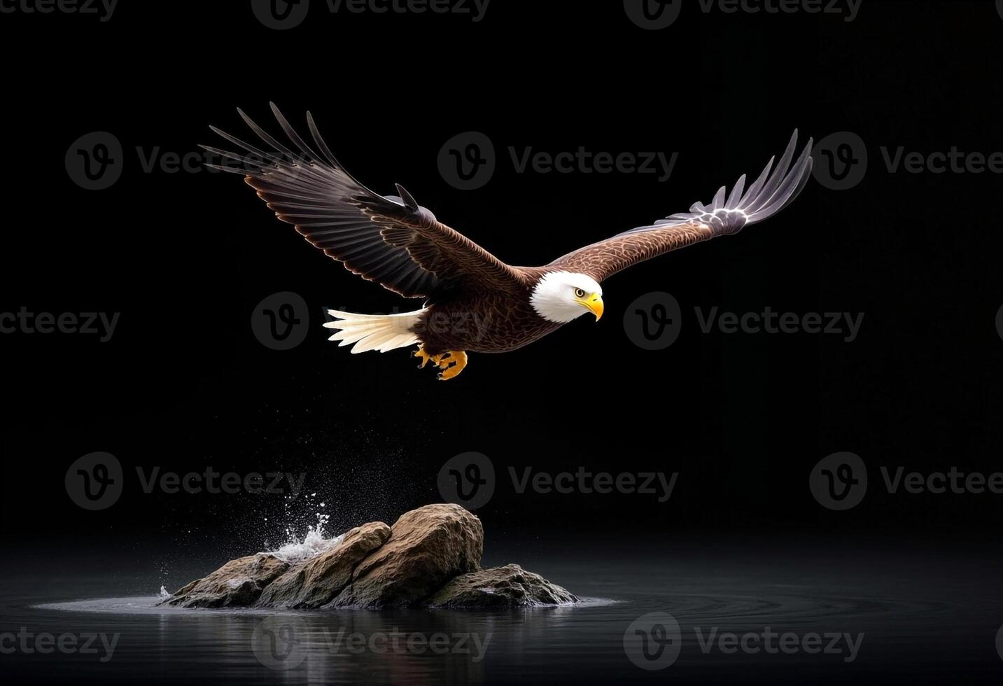 Majestic Bald Eagle In Flight Against Black Backdrop Over Rippling Waters photo