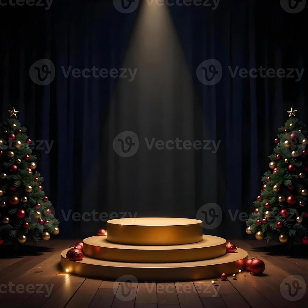Festive Christmas Display Golden Podium Spotlit Holiday Season Celebration Elegant Backdrop photo