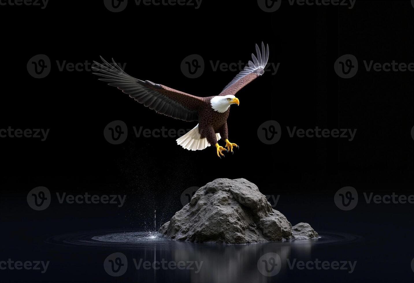 American Bald Eagle Flying Over Water With Reflection And Rock Formation photo