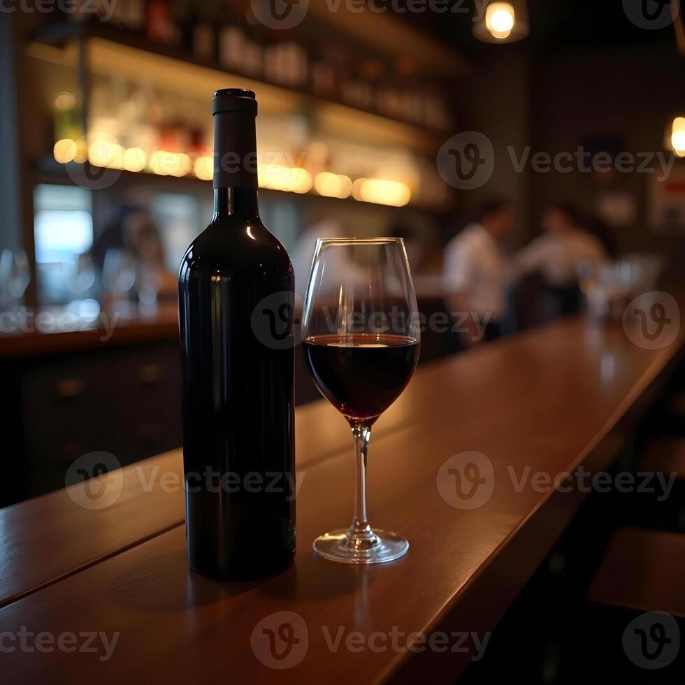 Elegant Red Wine Bottle And Glass At The Bar With Soft Lighting photo
