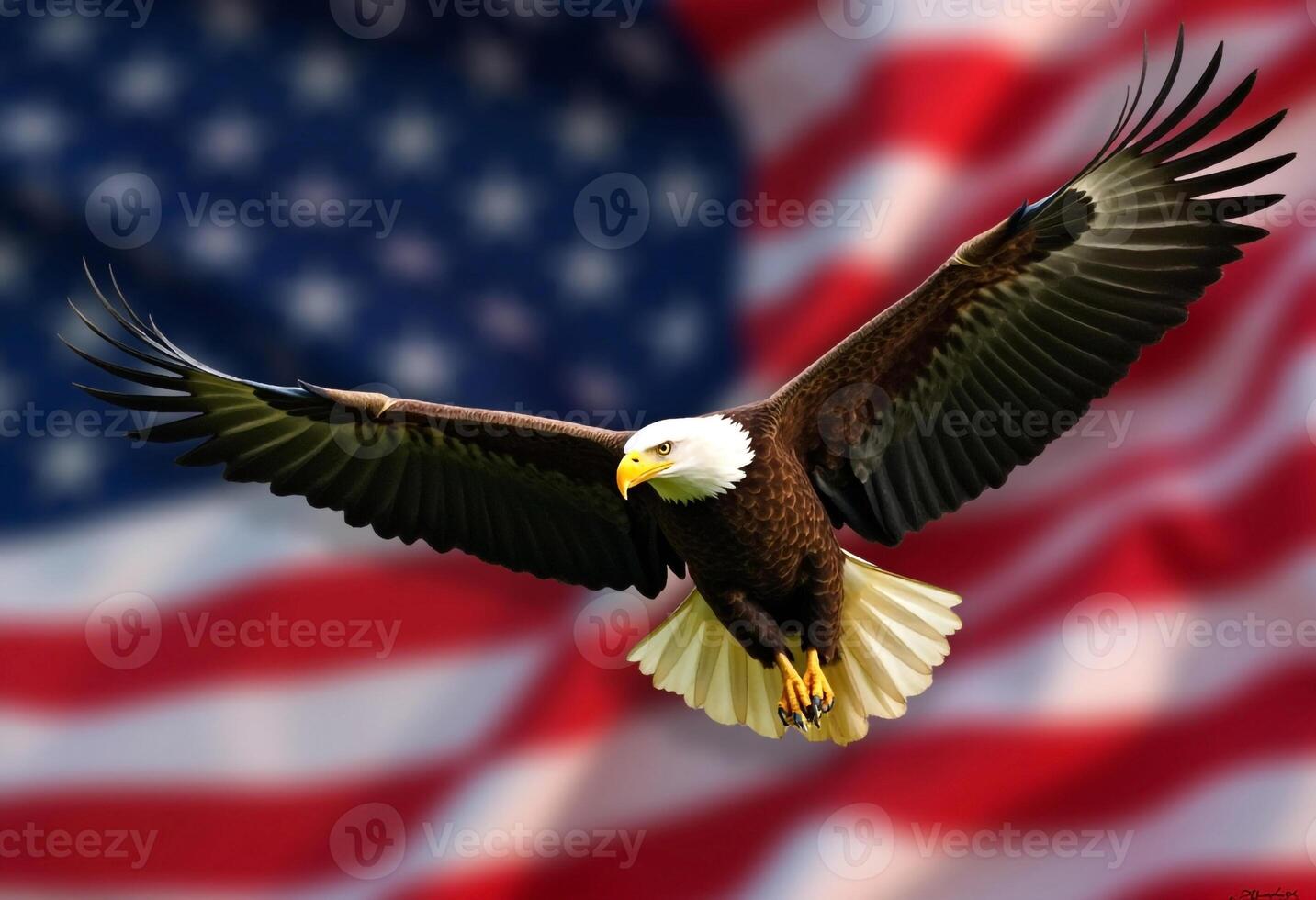 American Bald Eagle In Flight With American Flag In The Background photo