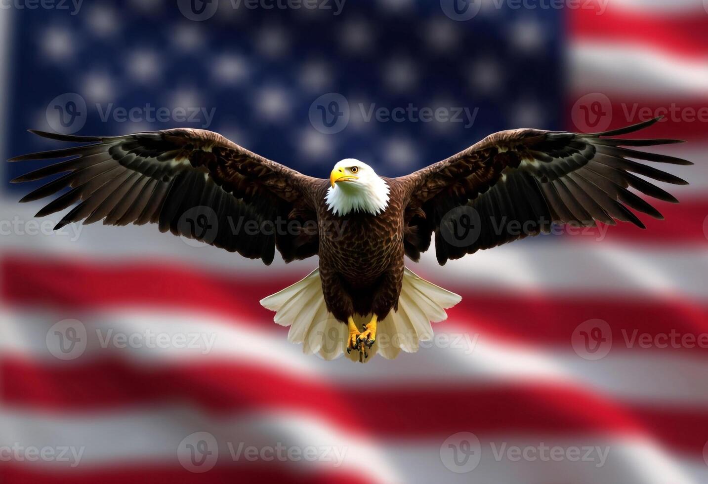 Bald Eagle In Flight Against Defocused American Flag Symbol Of Freedom photo