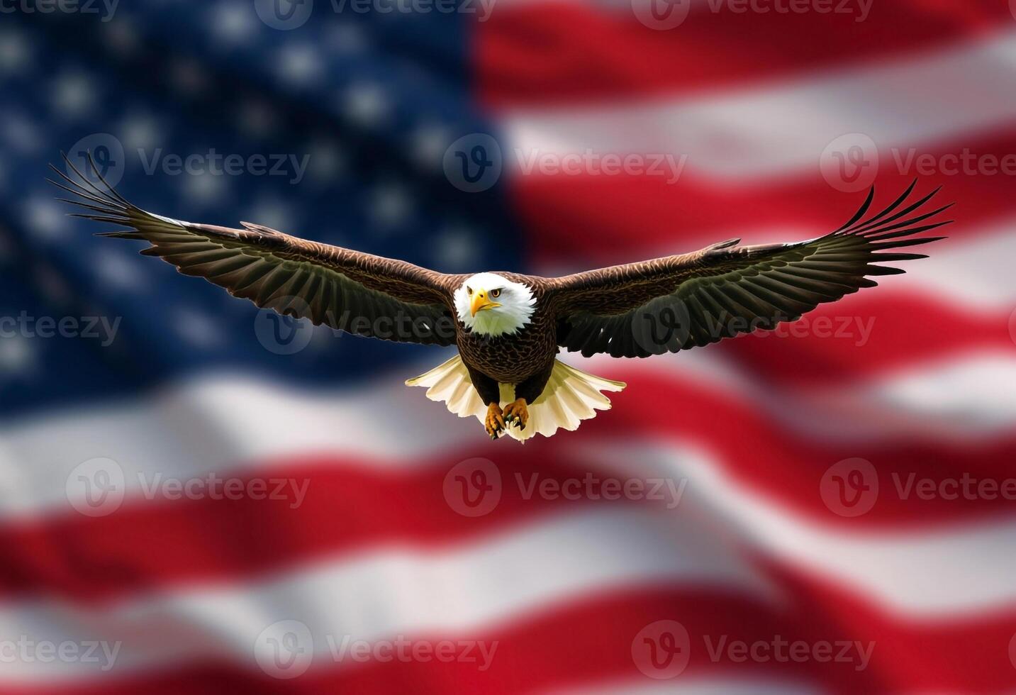 Majestic Bald Eagle Flying Against Blurry American Flag Background For Independence Day photo