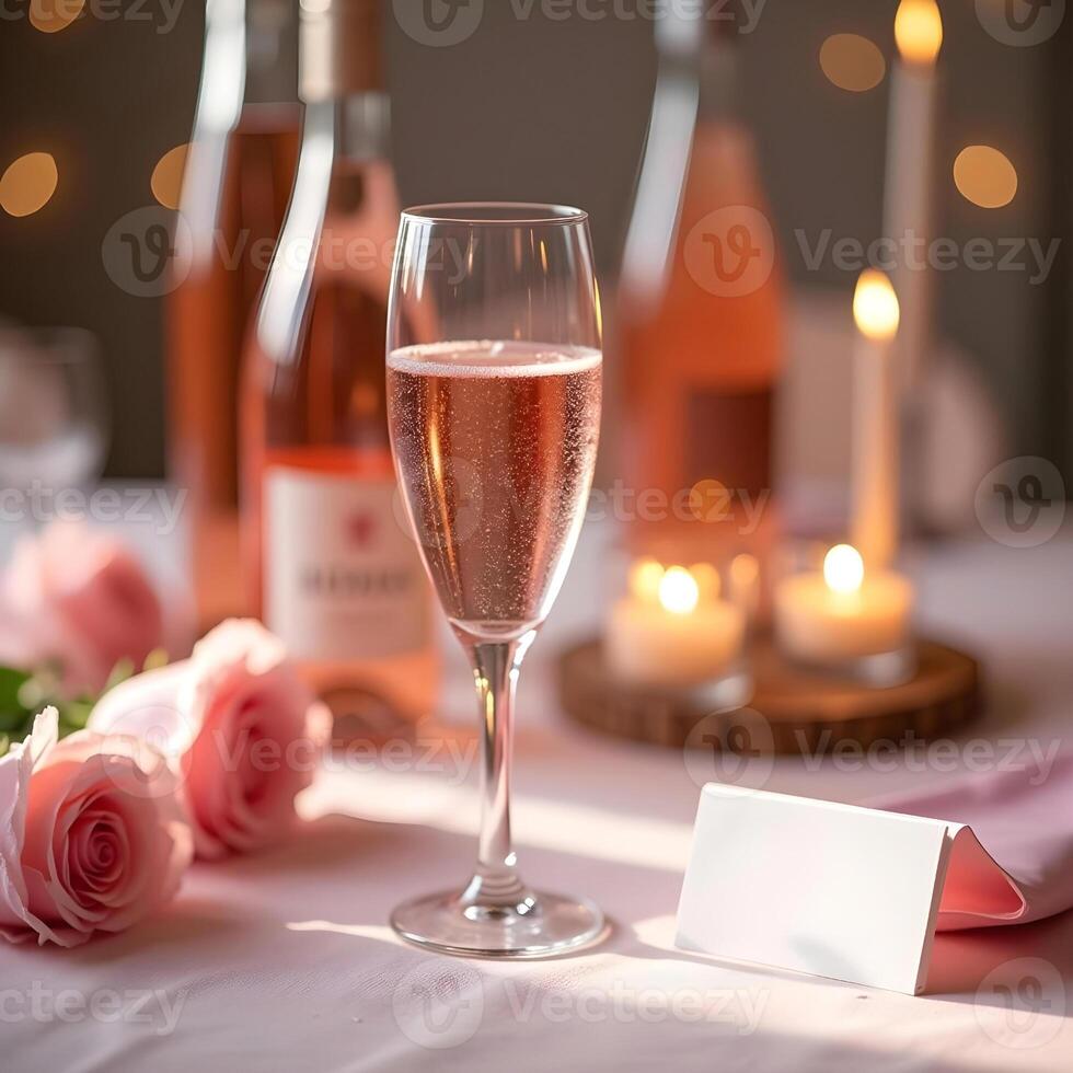 Romantic Table Setting With Rose Champagne Roses Candles And Place Card For Special Occasion photo