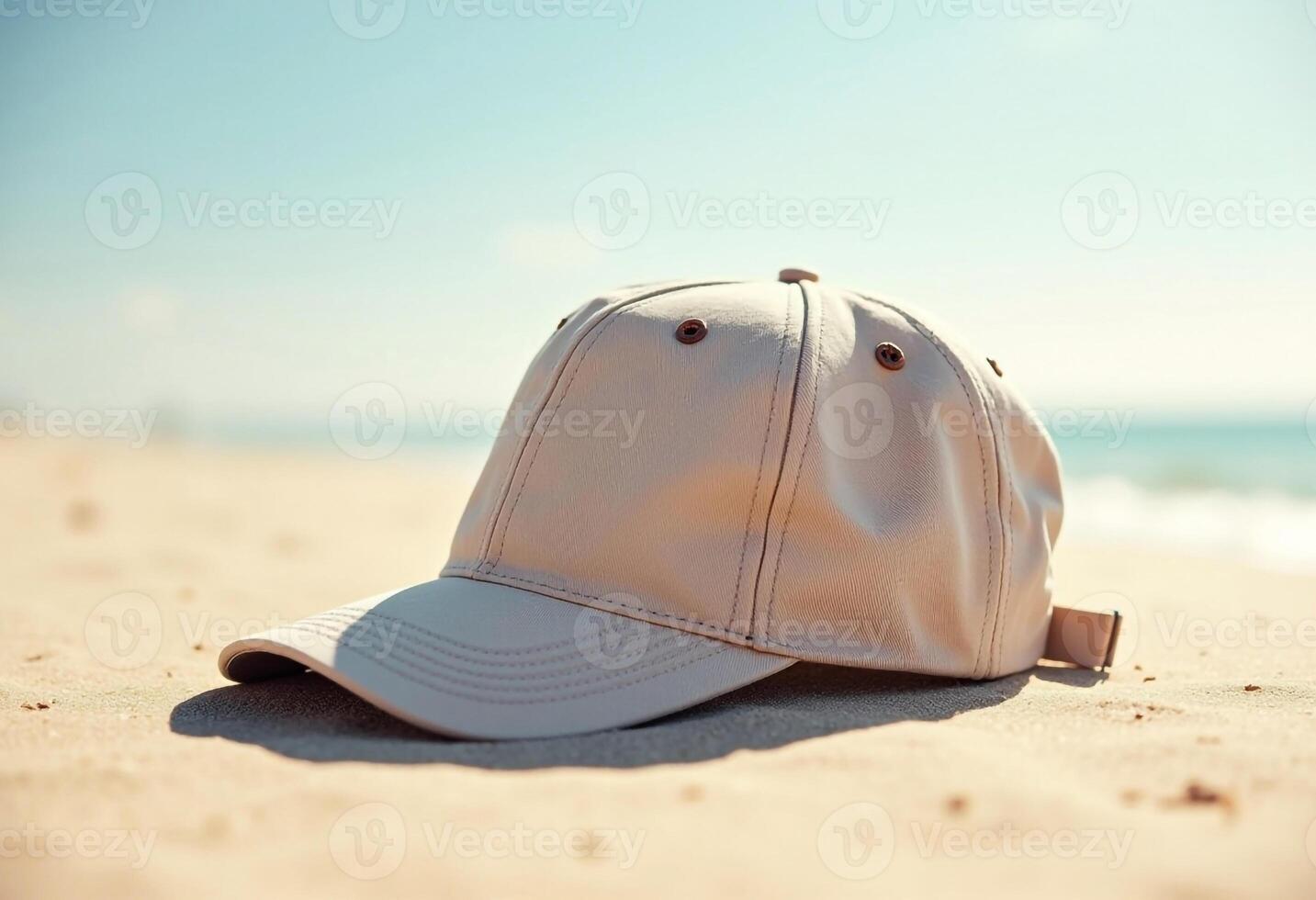 Baseball Cap On Sandy Beach By The Ocean On A Sunny Day photo