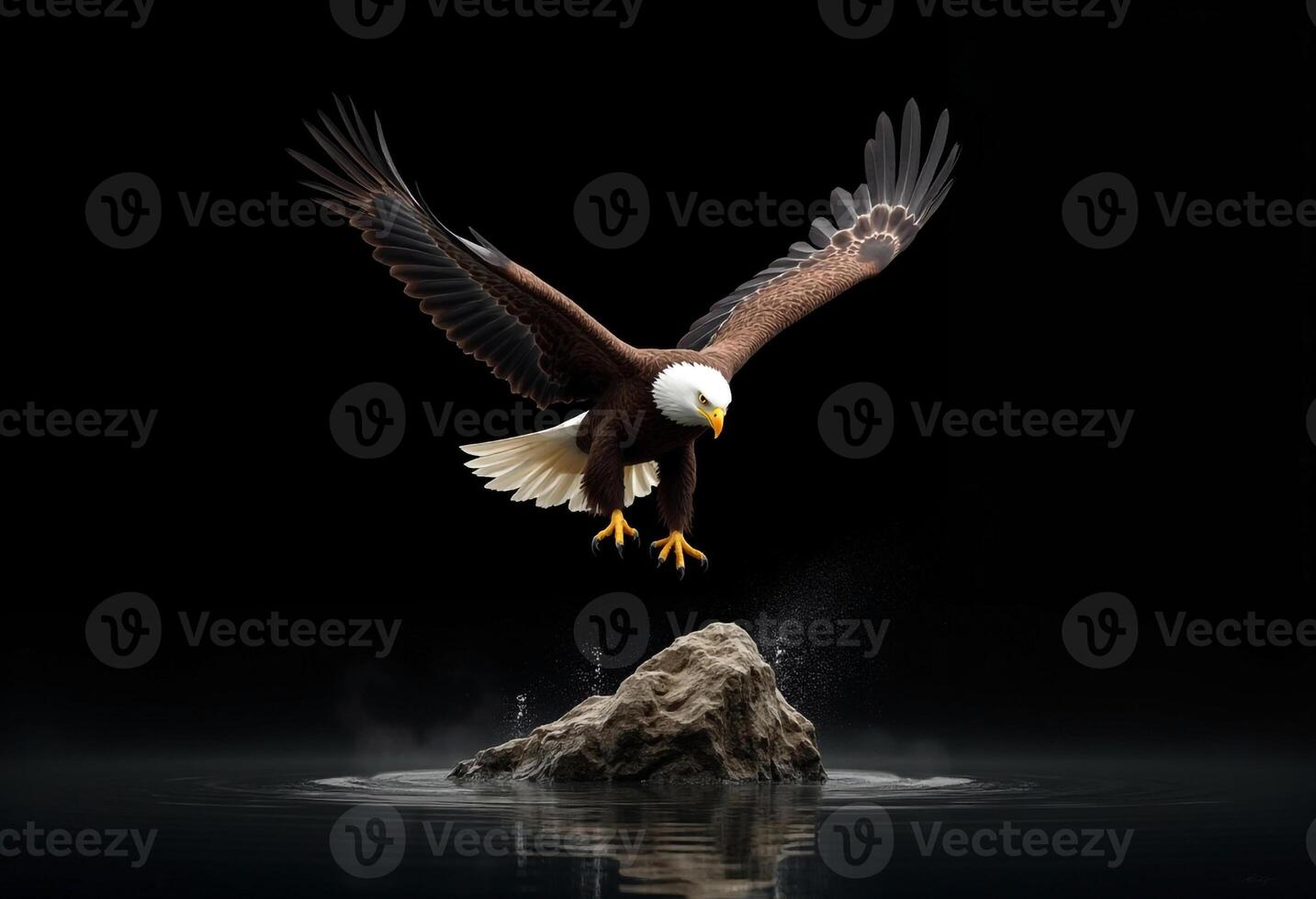 Bald Eagle Landing On Rock Above Water In Dramatic Dark Setting photo