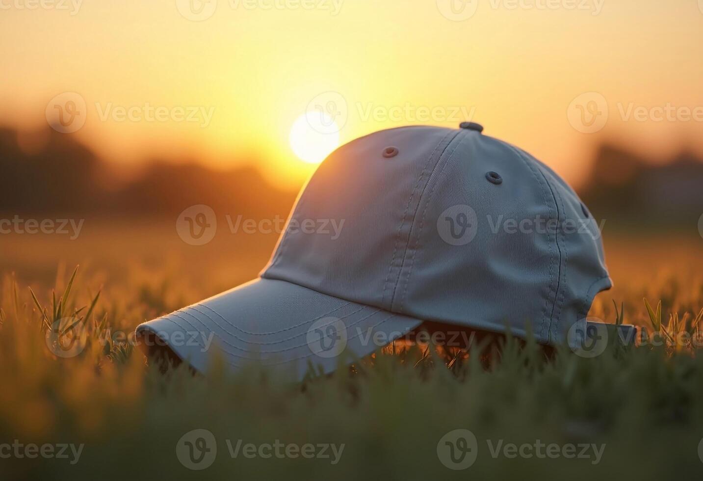 Baseball Cap Resting In Grass Field During Sunset Golden Hour Peaceful Scene photo