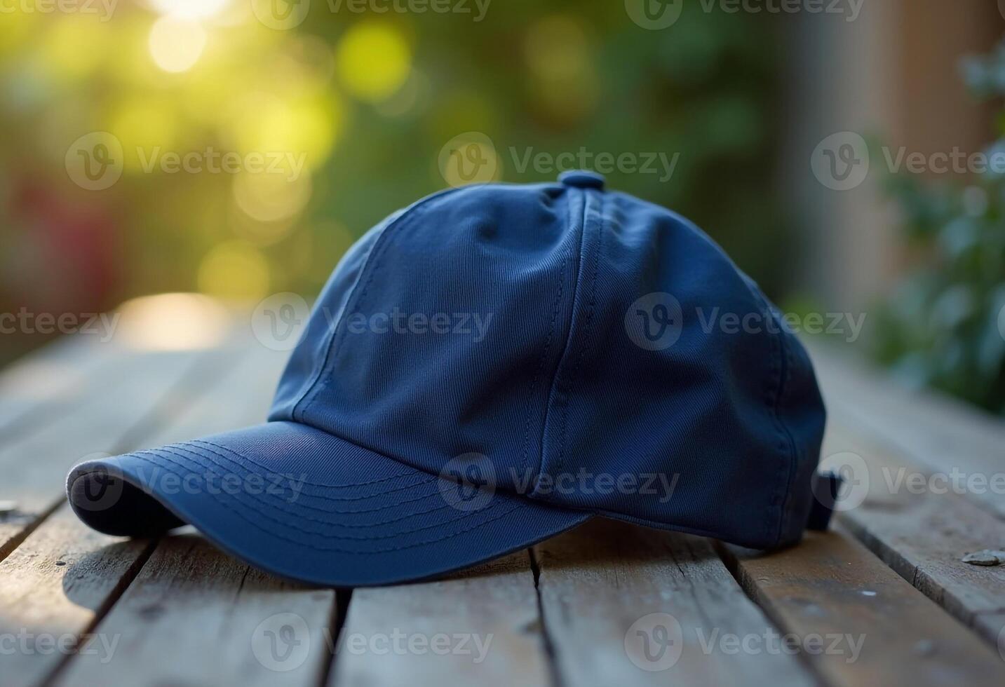 Blue Baseball Cap On Weathered Wooden Table Outdoors Sunny Background photo