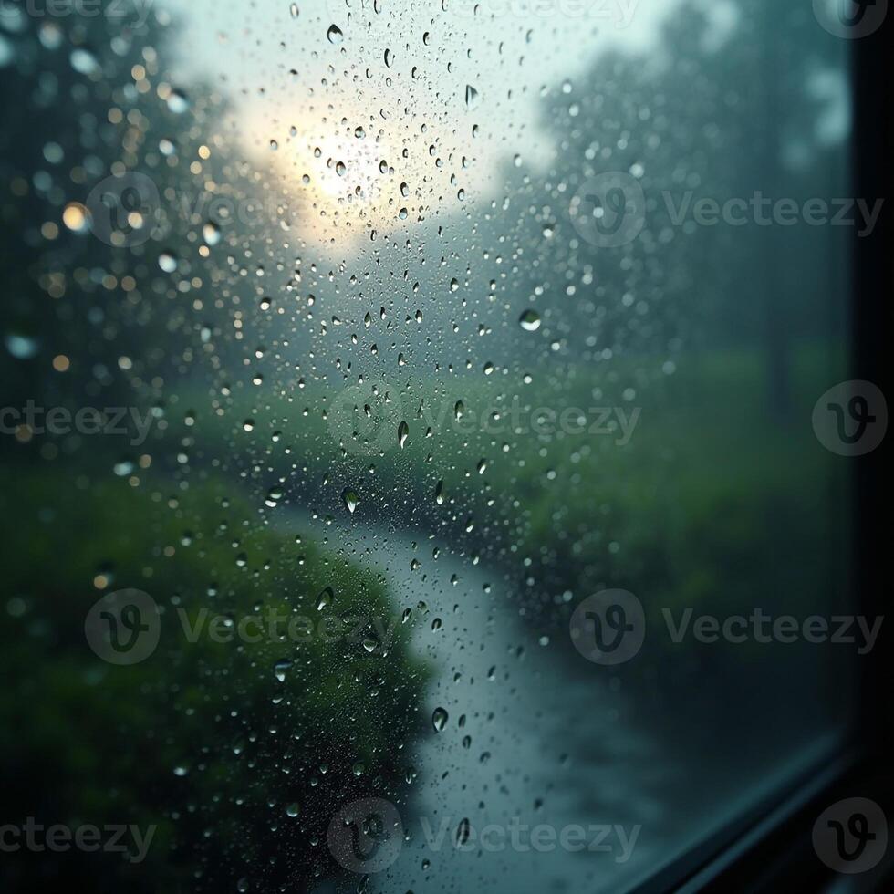 Rainy Window View With Nature And Sky Background During A Stormy Day Weather photo