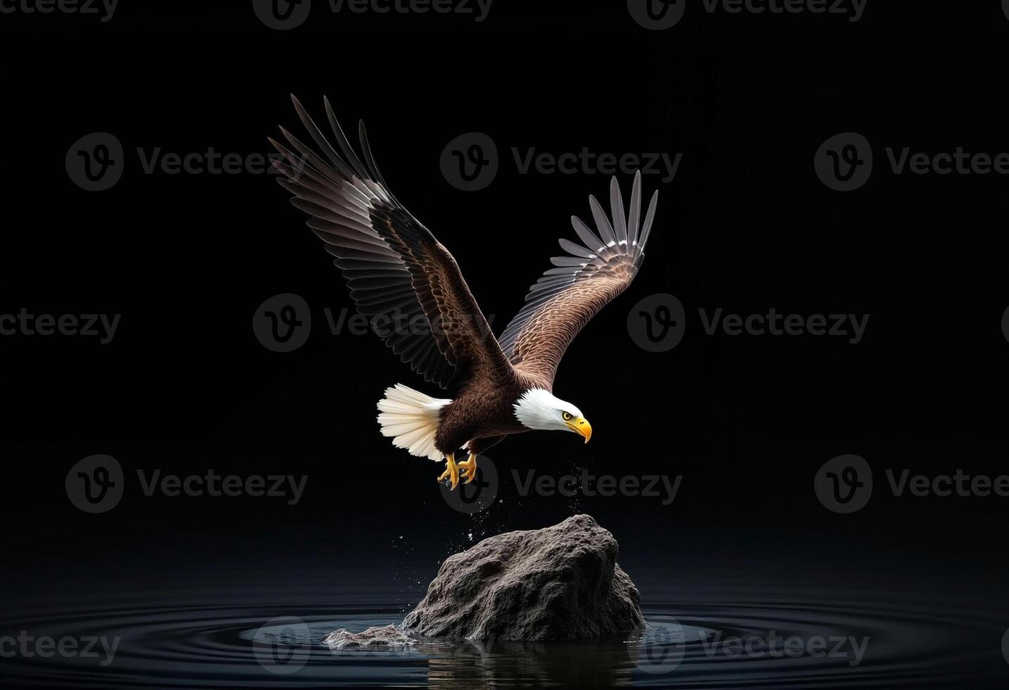 Majestic Bald Eagle Soaring Above Water With Dark Background And Rock Detail photo