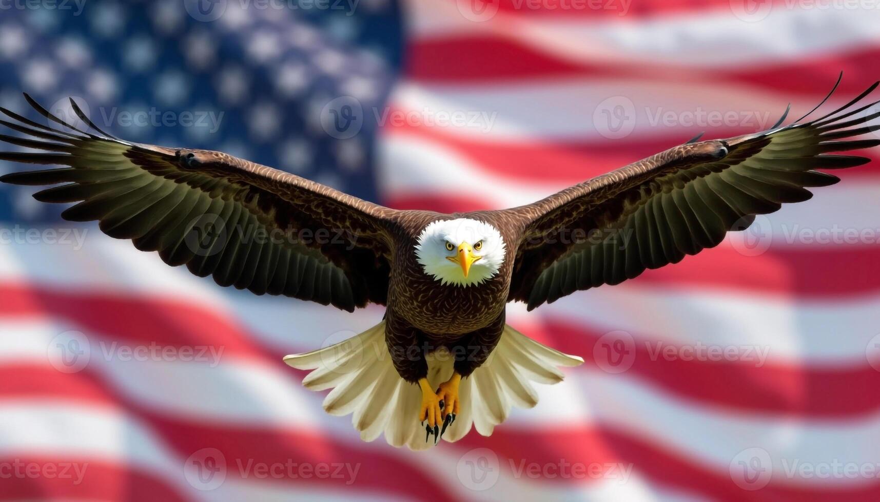 Majestic Bald Eagle Soaring In Front Of American Flag Symbol Of Freedom photo