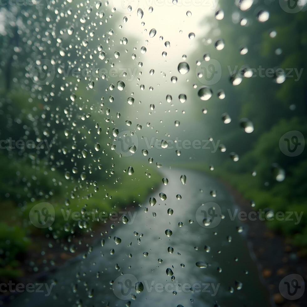 Rainy Day View Through A Window Of Forest Path Blurred Background Refreshing And Serene photo
