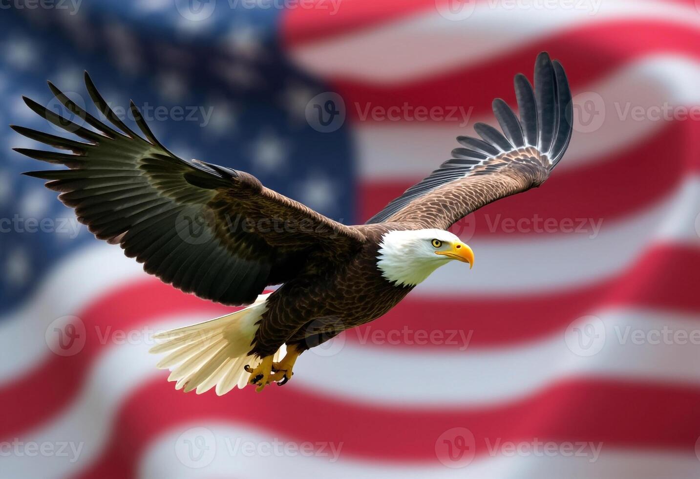 American Bald Eagle Soaring Against United States Flag Backdrop Symbol Of Freedom photo