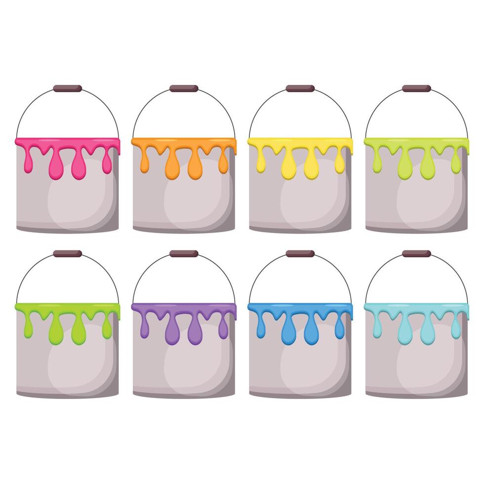 A set of gray metal buckets with colored paint. Elements of drawing tools. vector