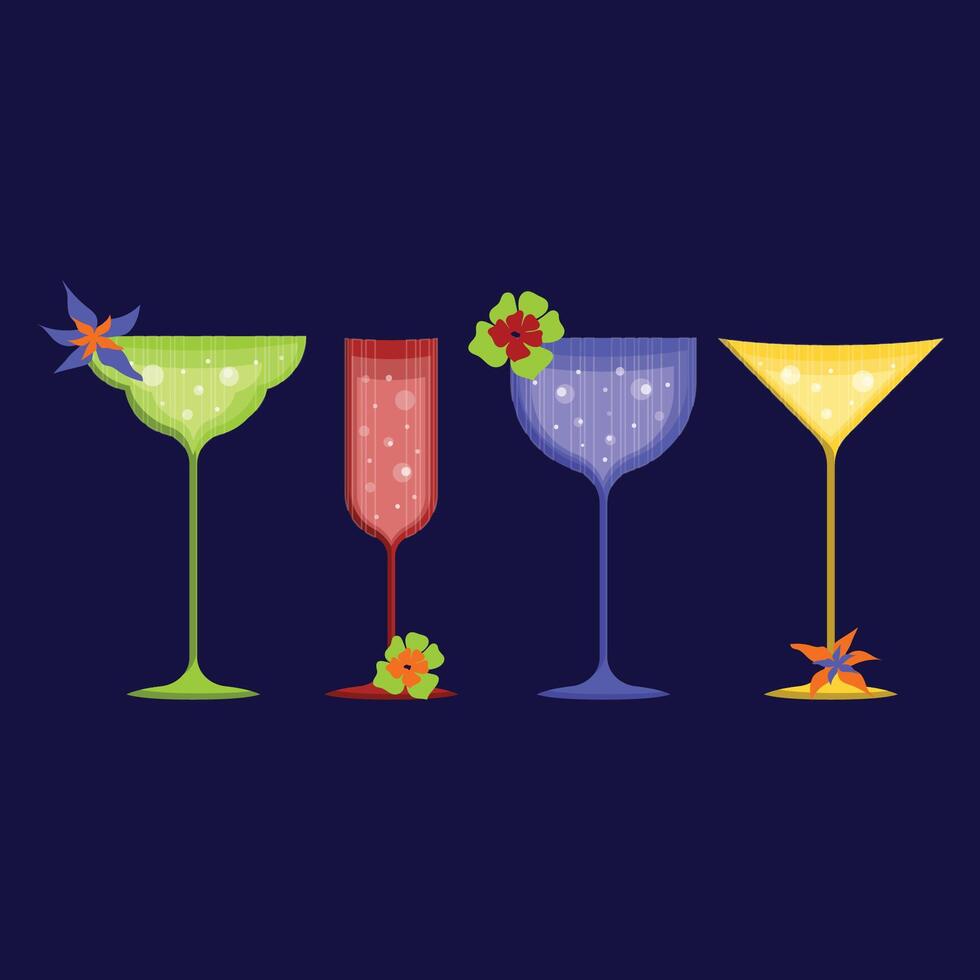 A set of glasses on an elegant stem, of different designs and colors, decorated with flowers. vector