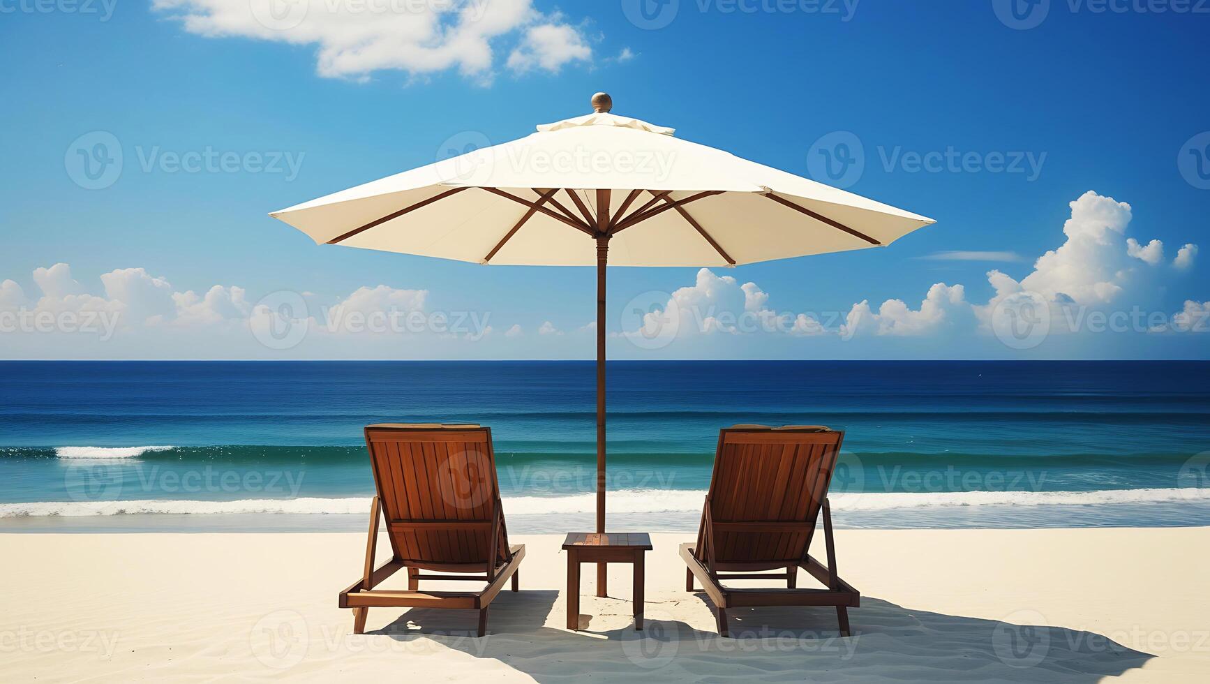 Beach chairs and a white parasol dot the sunny sand beach where the blue sea meets the sky, promising summer vacation relaxation photo