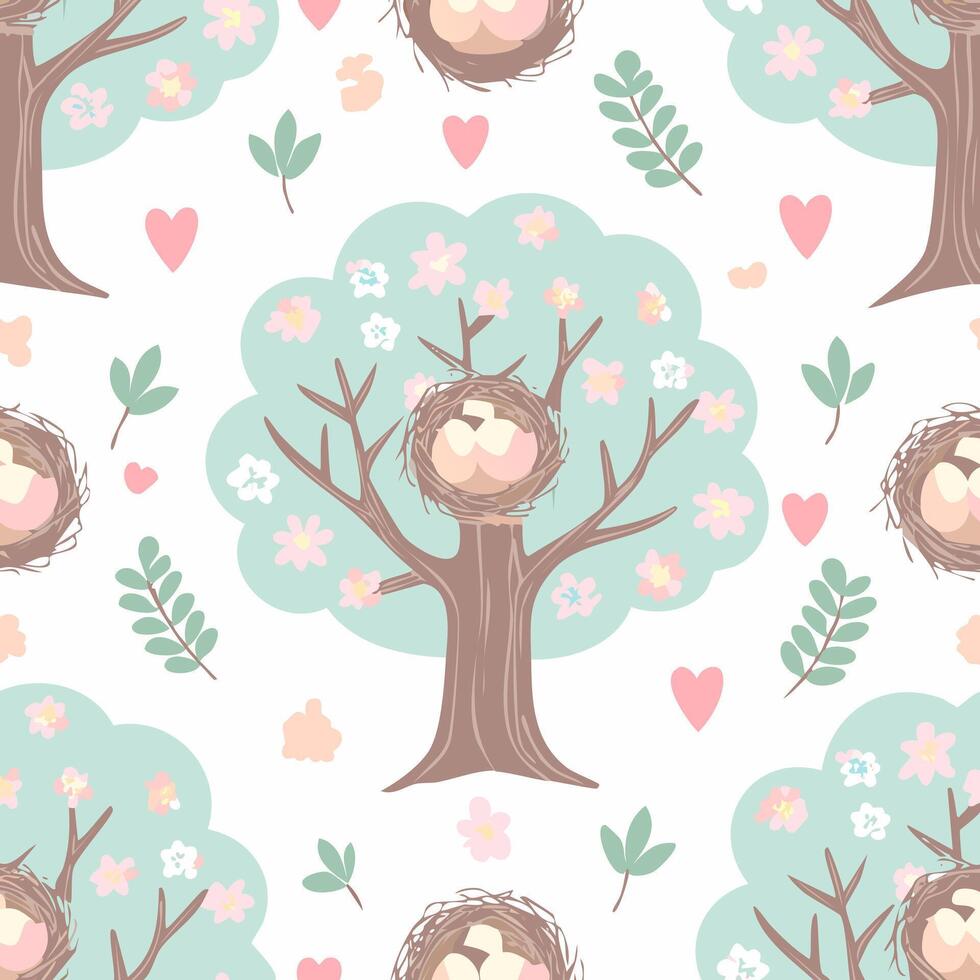 seamless pattern Tree and Bird Nest cute pastel color vector